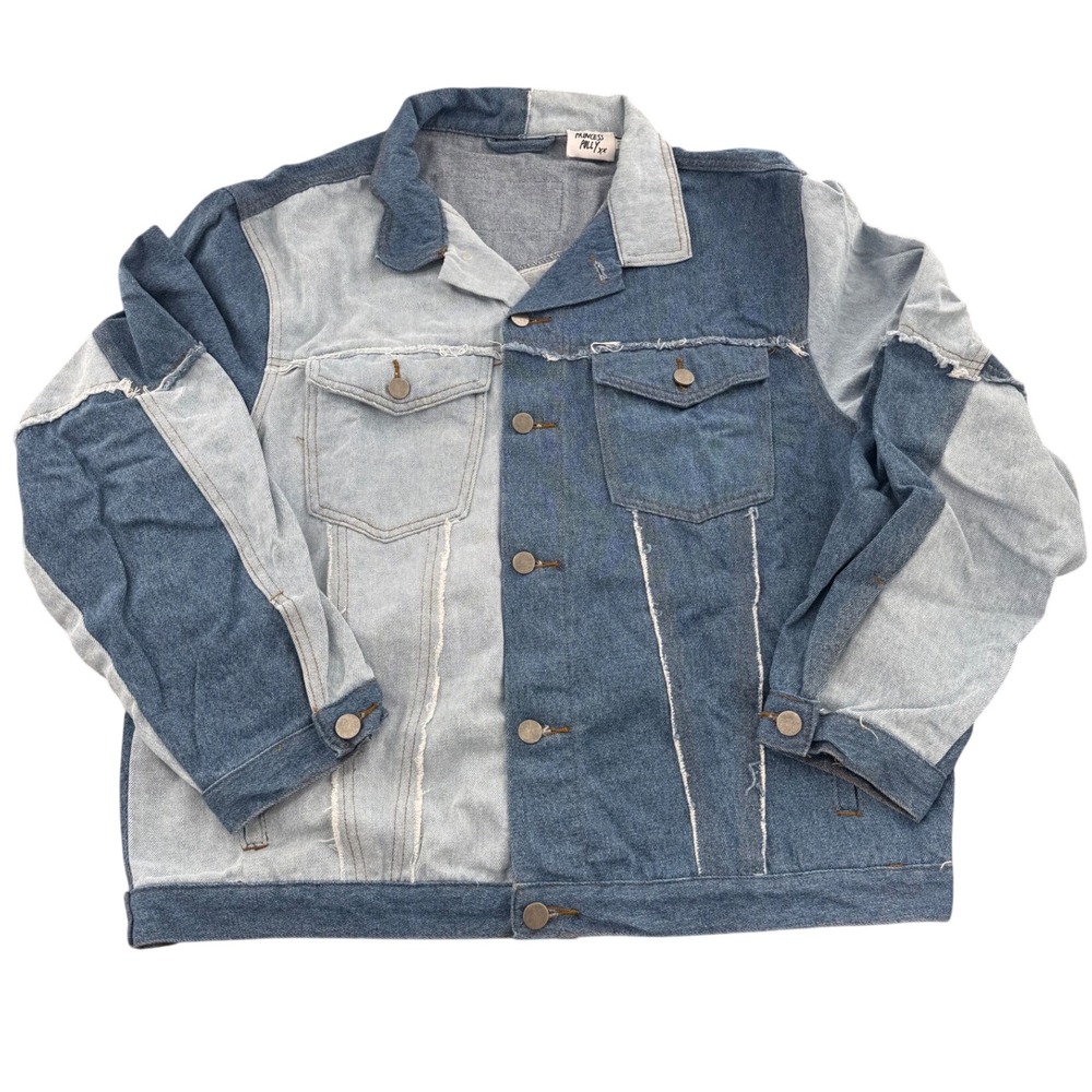 Princess Polly Denim Jacket Womens US 8 Two Tone Patchwork Blue Raw Hem